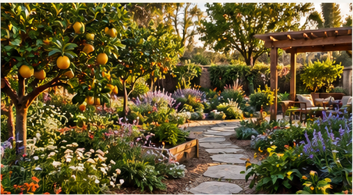 Layered fruit tree and native pollinator garden for The Family Food Forest package