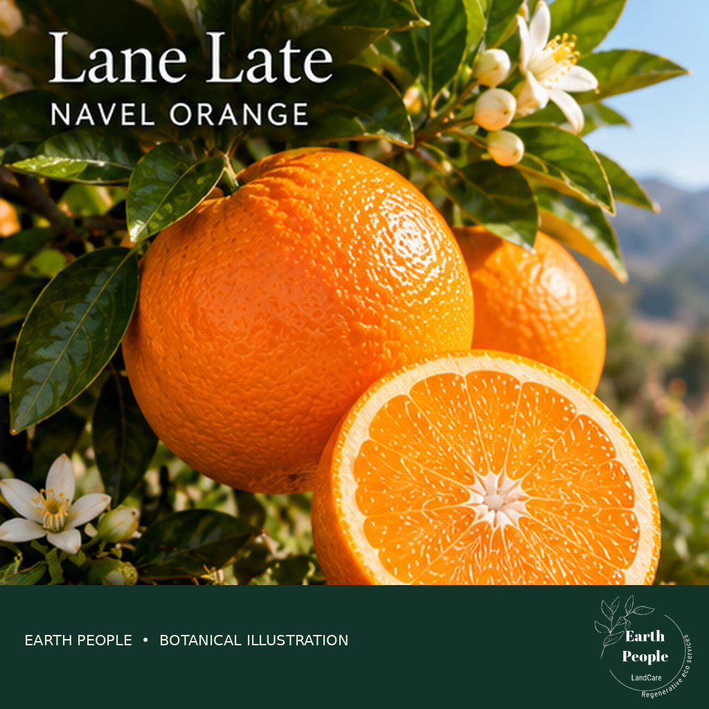 Lane Late navel orange illustration with golden-orange fruit and orange flesh; Earth People Landcare original branding. AI botanical illustration, not a photograph of actual nursery stock or verified cultivar specimen.
