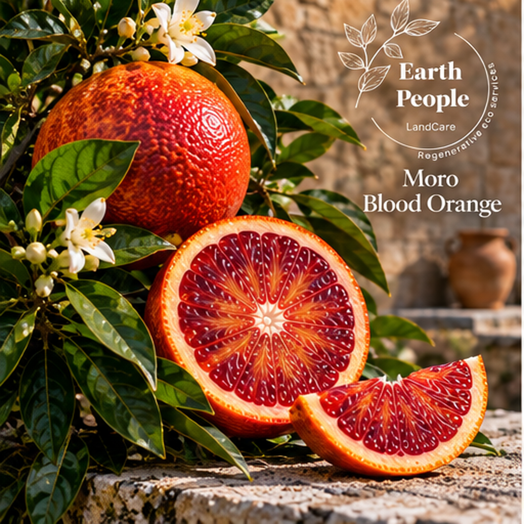 Moro blood orange botanical illustration with dark red flesh, oranges and foliage, Earth People Landcare Orange County; not a photograph of actual nursery stock
