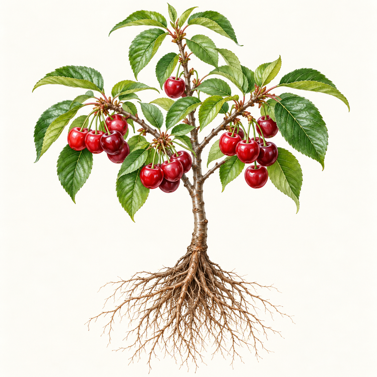 Botanical illustration of a cherry tree with visible roots. General fruit-type artwork, not a verified depiction of this particular cultivar or delivered specimen.