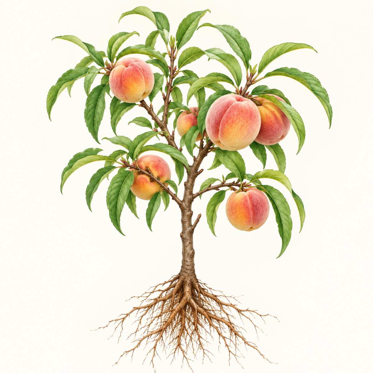 Botanical illustration of a peach tree with visible roots. General fruit-type artwork, not a verified depiction of this particular cultivar or delivered specimen.