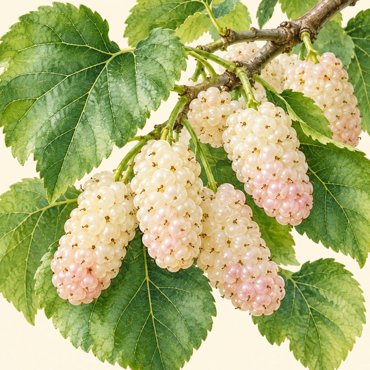 white mulberry botanical illustration; representative fruit type, not verified cultivar imagery.