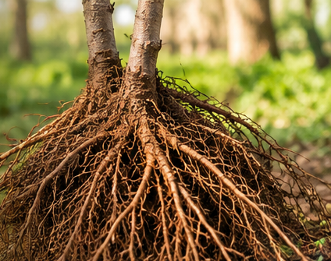 Illustration of exposed bare-root fruit tree roots