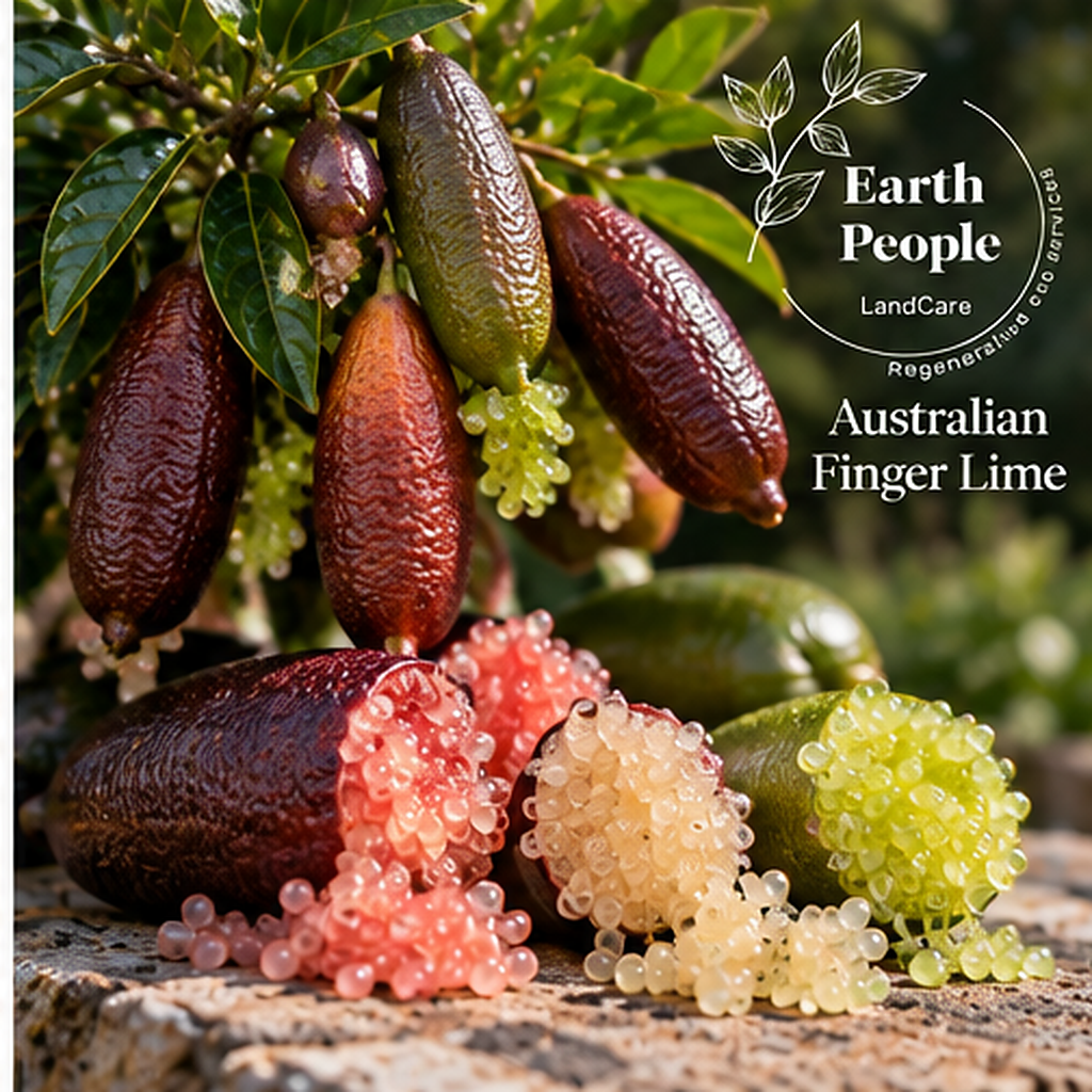 Australian finger lime caviar lime botanical illustration showing elongated green and burgundy fruit with pink and green citrus pearls, Earth People Landcare; representative artwork, not actual nursery stock