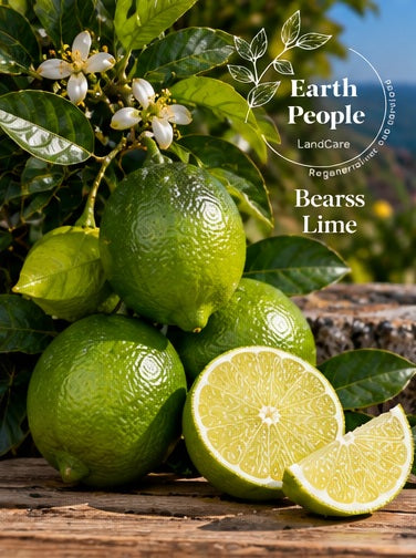 Bearss Persian Tahitian lime botanical illustration with green fruit and pale citrus segments on leafy branches, Earth People Landcare; representative artwork, not actual nursery inventory