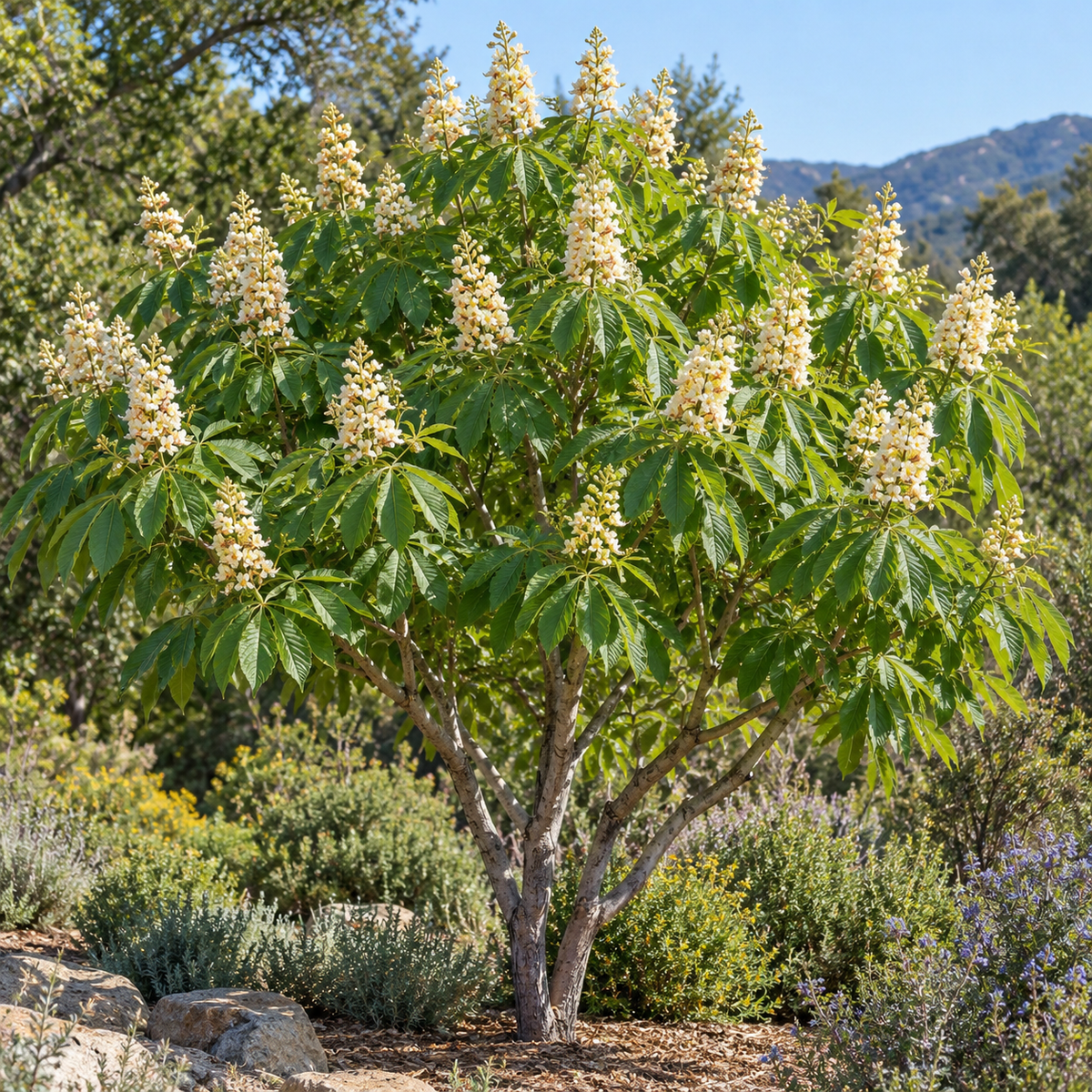 Illustrative botanical garden scene of California buckeye, AI-generated; not actual nursery stock
