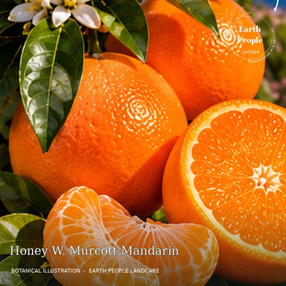 Representative botanical illustration of Honey W. Murcott mandarin showing orange fruit, peeled citrus segments and foliage; Earth People Landcare, Orange County. Not a verified cultivar photograph or actual nursery tree.