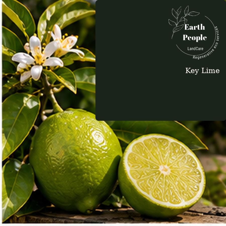 Key lime (Bartender’s lime) botanical illustration with green citrus, cut lime and leaves; Earth People Landcare Orange County. Illustrative artwork, not a photograph of nursery inventory.