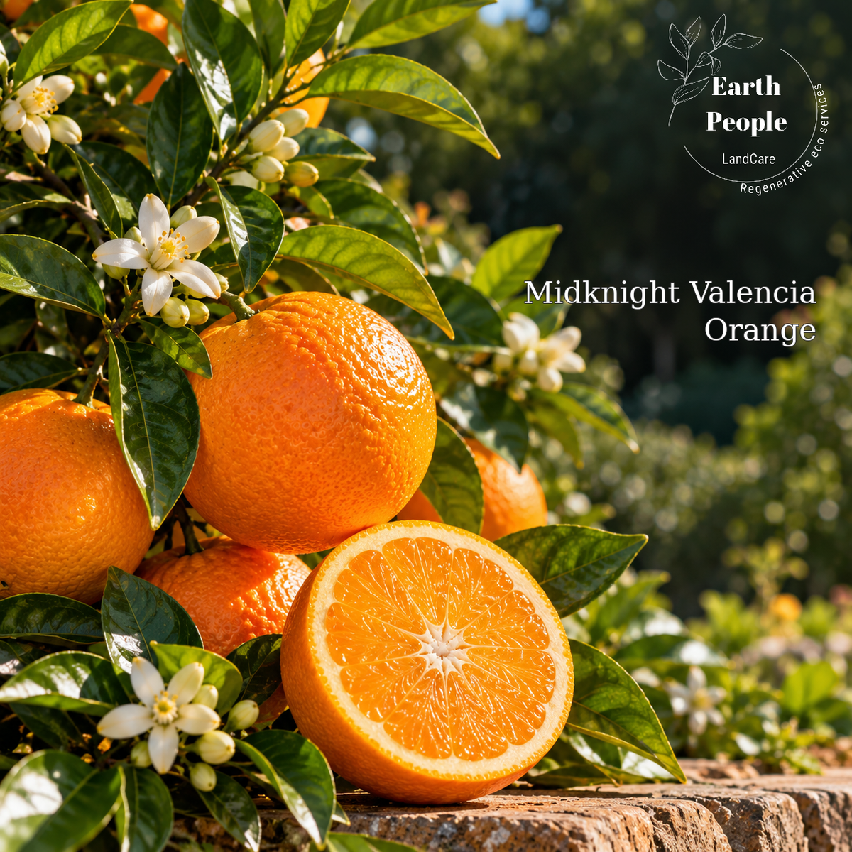 Midknight Valencia orange botanical illustration with ripe oranges and foliage and exact Earth People Landcare logo; representative artwork, not a photograph of actual nursery inventory.