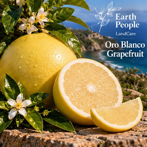 Illustrative botanical artwork of Oro Blanco grapefruit fruit and citrus foliage with Earth People Landcare branding; not a photograph of the actual nursery specimen or independently verified cultivar fruit.