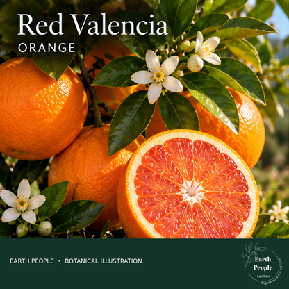 Red Valencia orange illustration showing orange rind and reddish citrus flesh; Earth People Landcare original branding. AI botanical illustration, not a photograph of actual nursery stock or verified cultivar specimen.