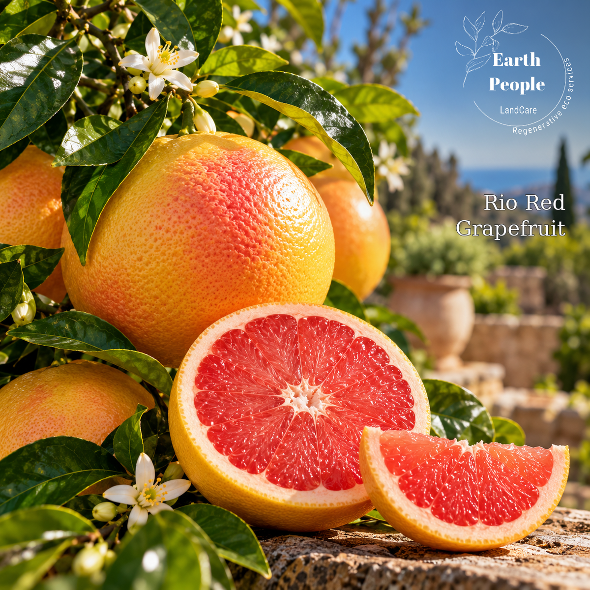 Rio Red grapefruit botanical illustration with ruby-pink cut grapefruit, yellow-orange peel and Earth People Landcare logo; representative artwork, not a verified tree photograph.