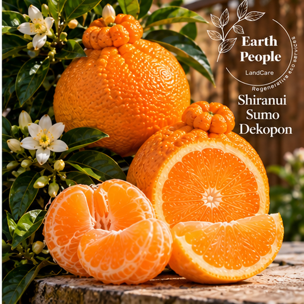 Shiranui Dekopon Sumo mandarin botanical illustration showing distinctive topknot fruit and peeled orange segments, Earth People Landcare; not actual nursery stock