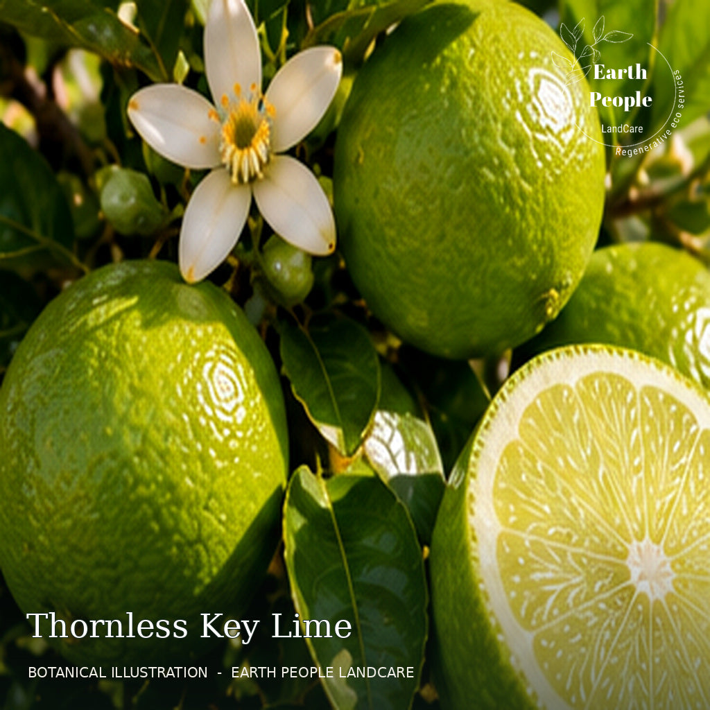 Thornless Key Lime botanical illustration showing green limes, a cut lime and citrus blossoms, with Earth People Landcare branding; representative illustration, not verified nursery stock.