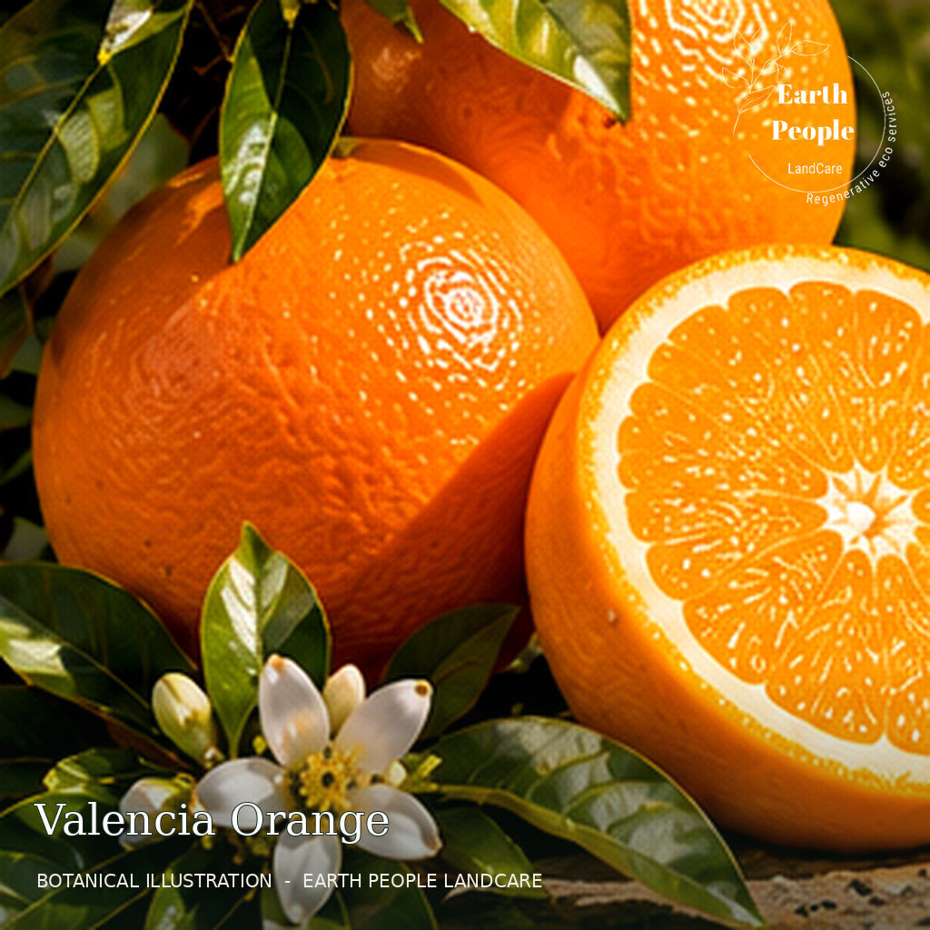 Valencia orange botanical illustration showing orange fruit, citrus blossoms and cut orange with Earth People Landcare branding; representative illustration, not verified nursery stock.
