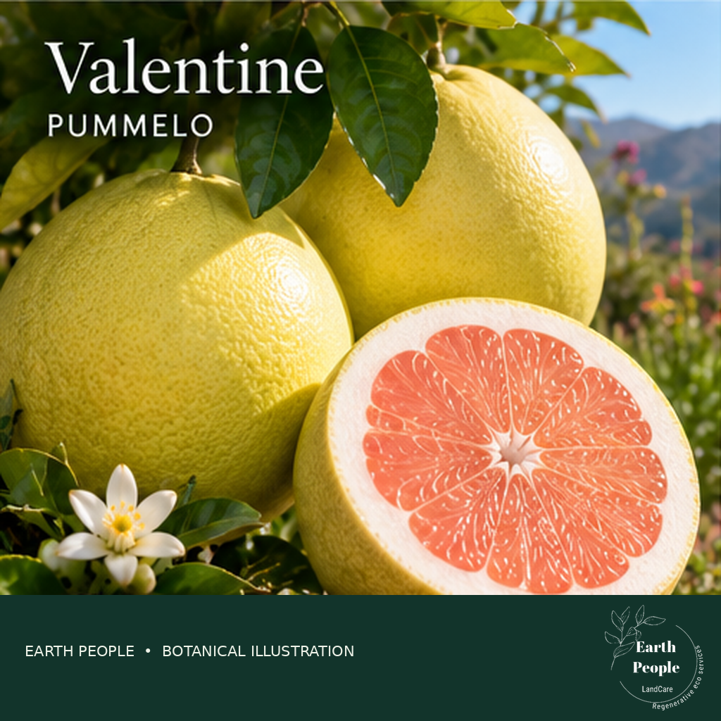 Valentine pummelo illustration with pale yellow rind and pink citrus flesh; Earth People Landcare original branding. AI botanical illustration, not a photograph of actual nursery stock or verified cultivar specimen.
