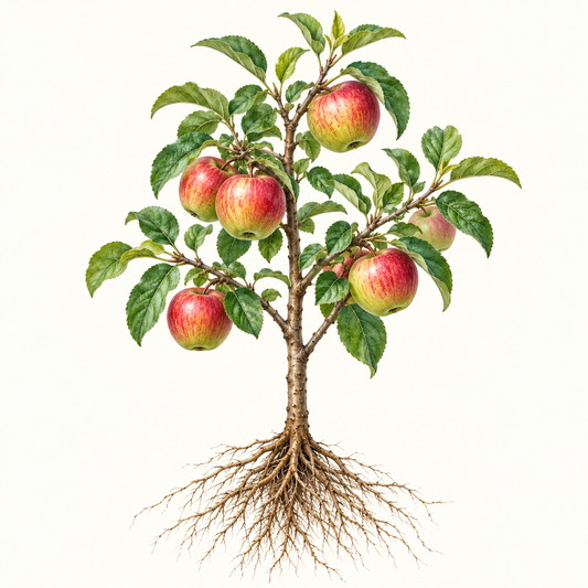 Botanical illustration of a apple tree with visible roots. General fruit-type artwork, not a verified depiction of this particular cultivar or delivered specimen.