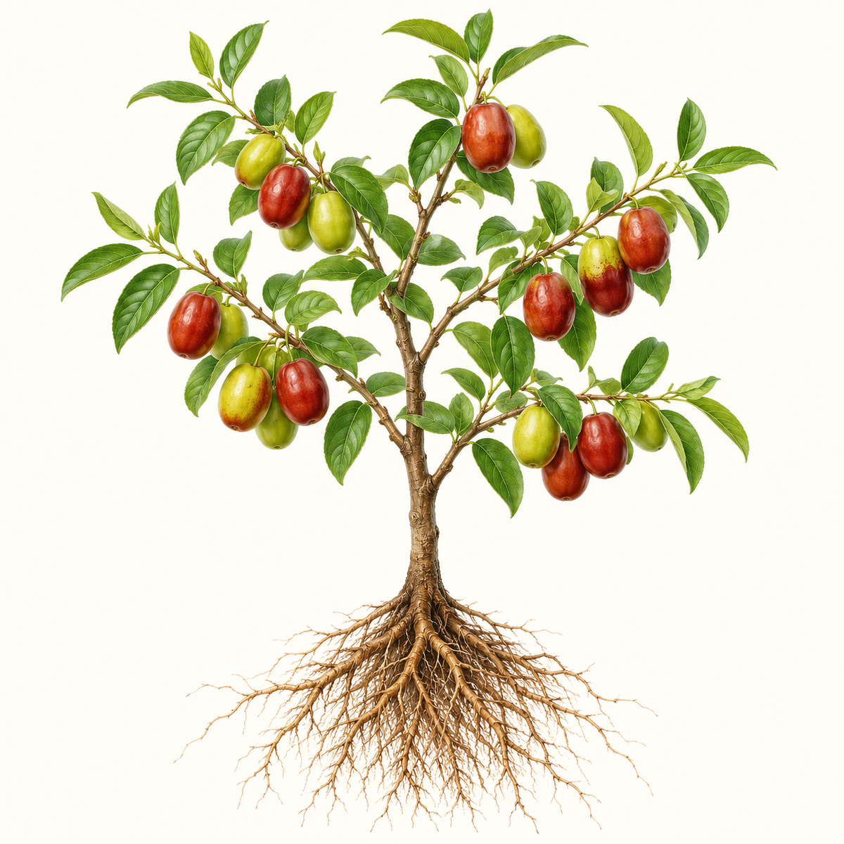 Botanical illustration of a jujube tree with visible roots. General fruit-type artwork, not a verified depiction of this particular cultivar or delivered specimen.