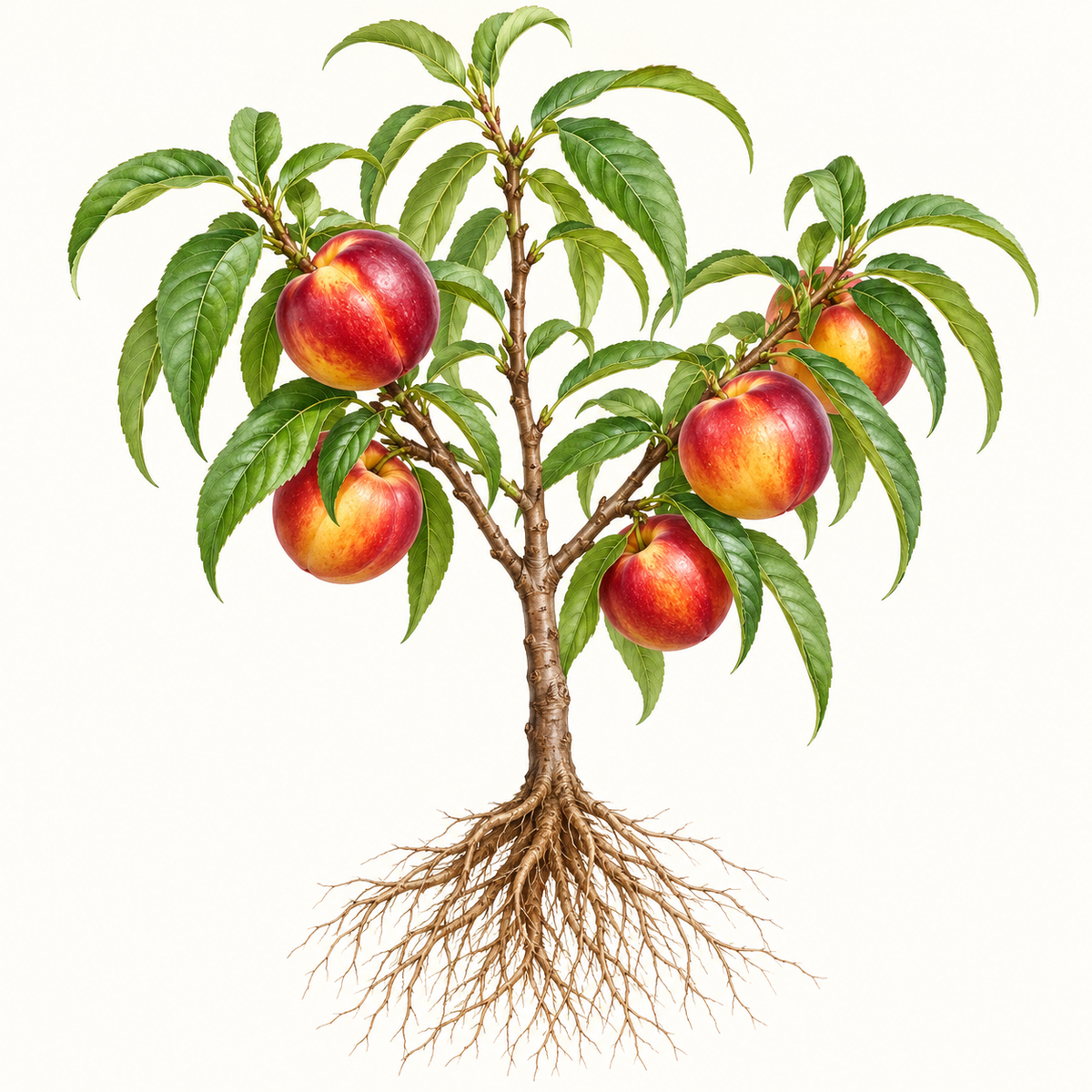 Botanical illustration of a nectarine tree with visible roots. General fruit-type artwork, not a verified depiction of this particular cultivar or delivered specimen.