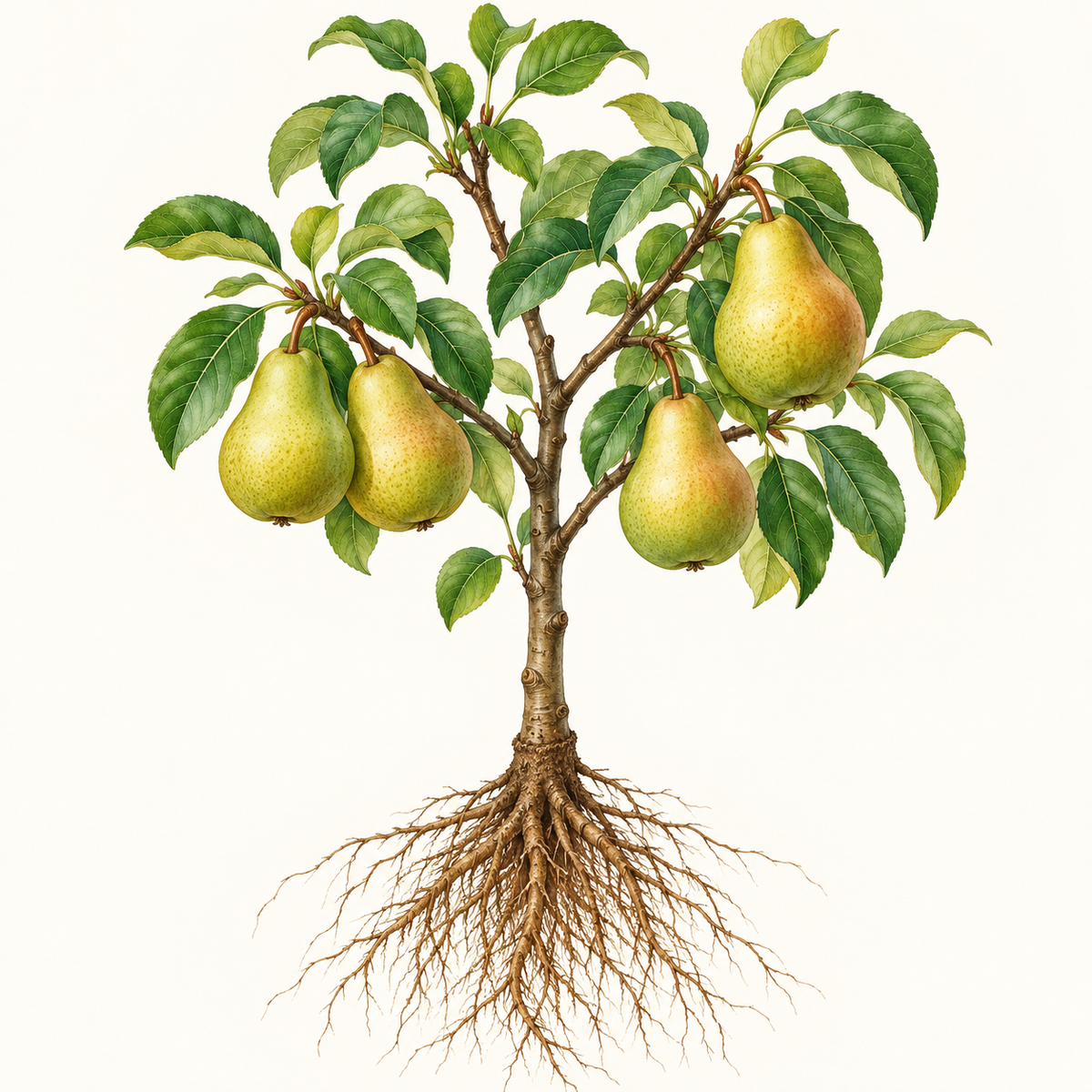 Botanical illustration of a pear tree with visible roots. General fruit-type artwork, not a verified depiction of this particular cultivar or delivered specimen.