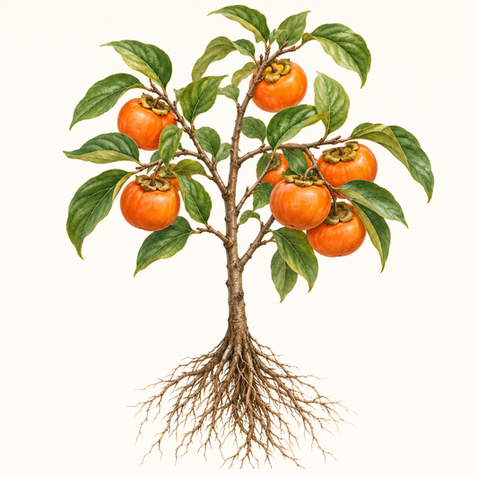Botanical illustration of a persimmon tree with visible roots. General fruit-type artwork, not a verified depiction of this particular cultivar or delivered specimen.