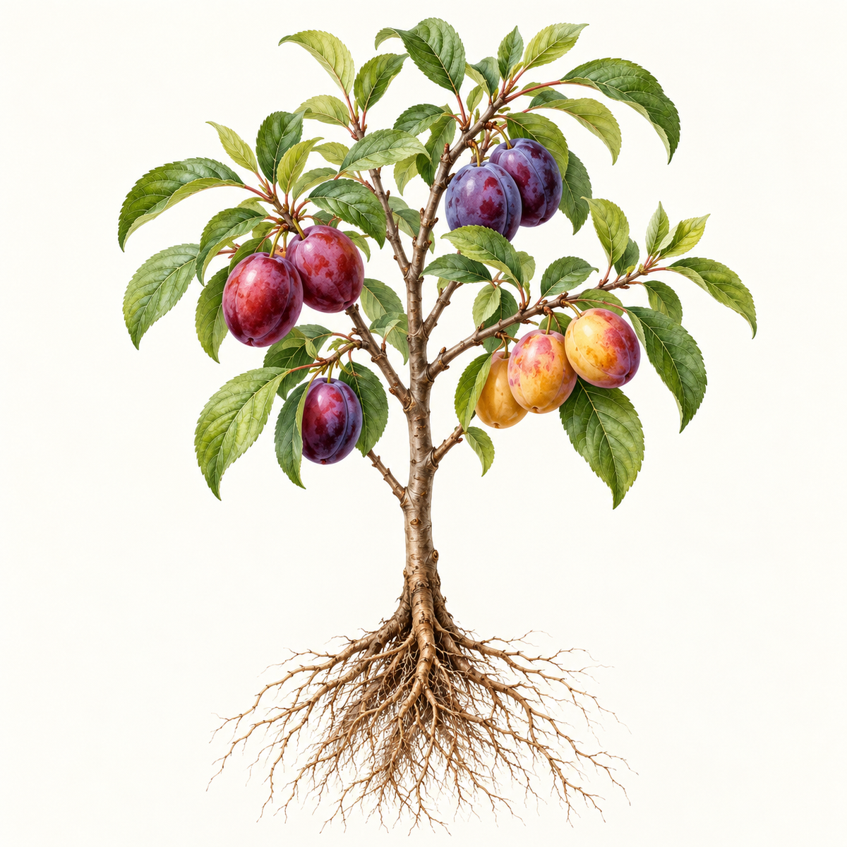 Botanical illustration of a plum tree with visible roots. General fruit-type artwork, not a verified depiction of this particular cultivar or delivered specimen.