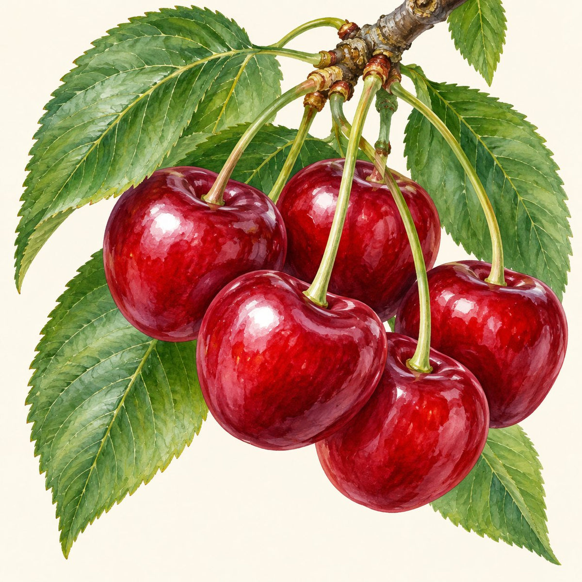 Cherry botanical illustration; representative fruit type, not verified cultivar imagery.