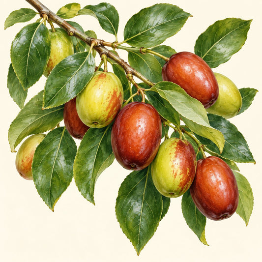 Jujube botanical illustration; representative fruit type, not verified cultivar imagery.