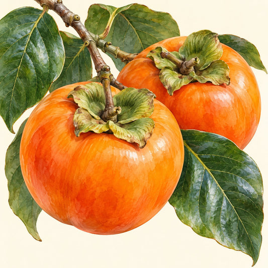 Persimmon botanical illustration; representative fruit type, not verified cultivar imagery.