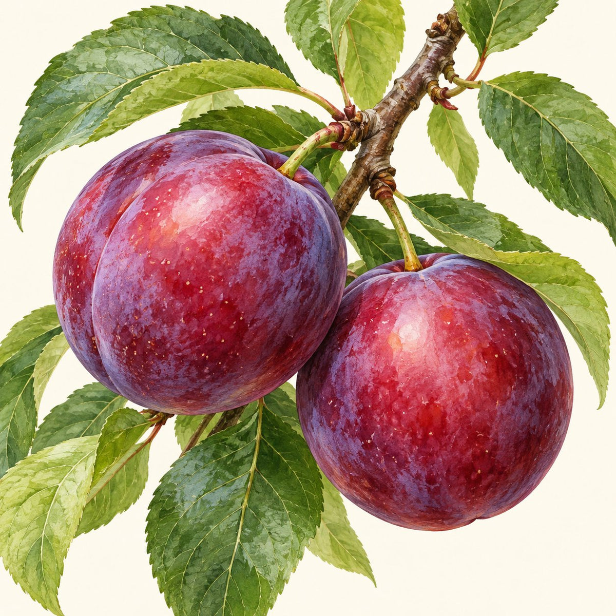 Plum botanical illustration; representative fruit type, not verified cultivar imagery.