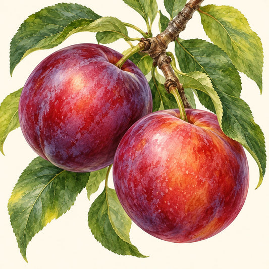 Pluot botanical illustration; representative fruit type, not verified cultivar imagery.