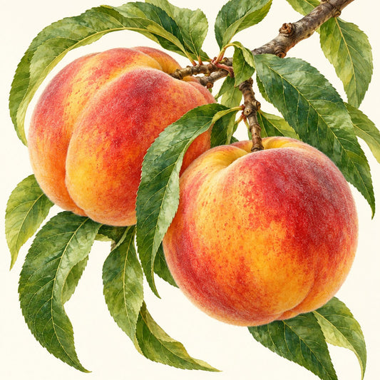 Peach botanical illustration; representative fruit type, not verified cultivar imagery.
