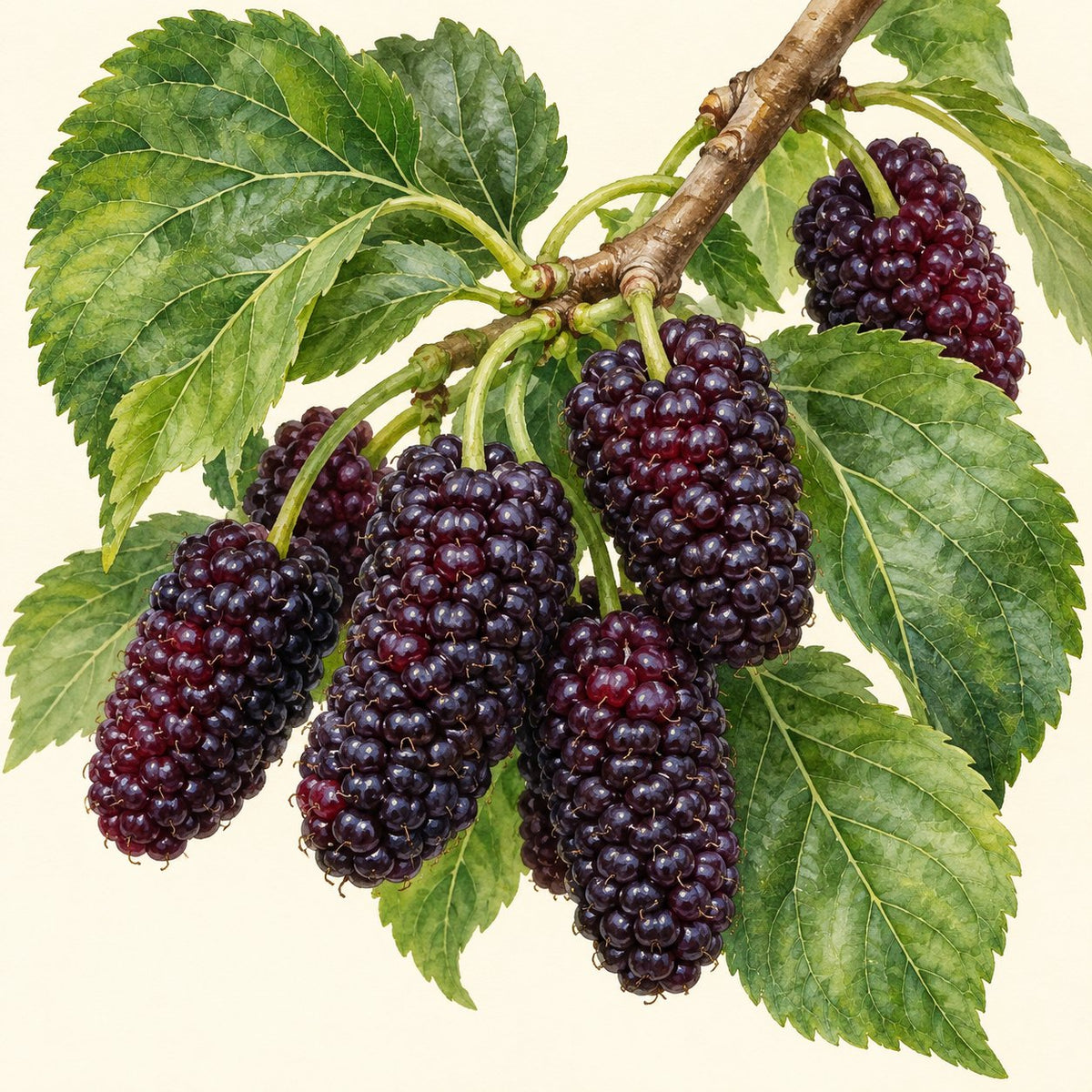Mulberry botanical illustration; representative fruit type, not verified cultivar imagery.