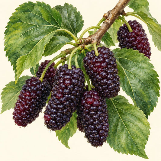 Mulberry botanical illustration; representative fruit type, not verified cultivar imagery.