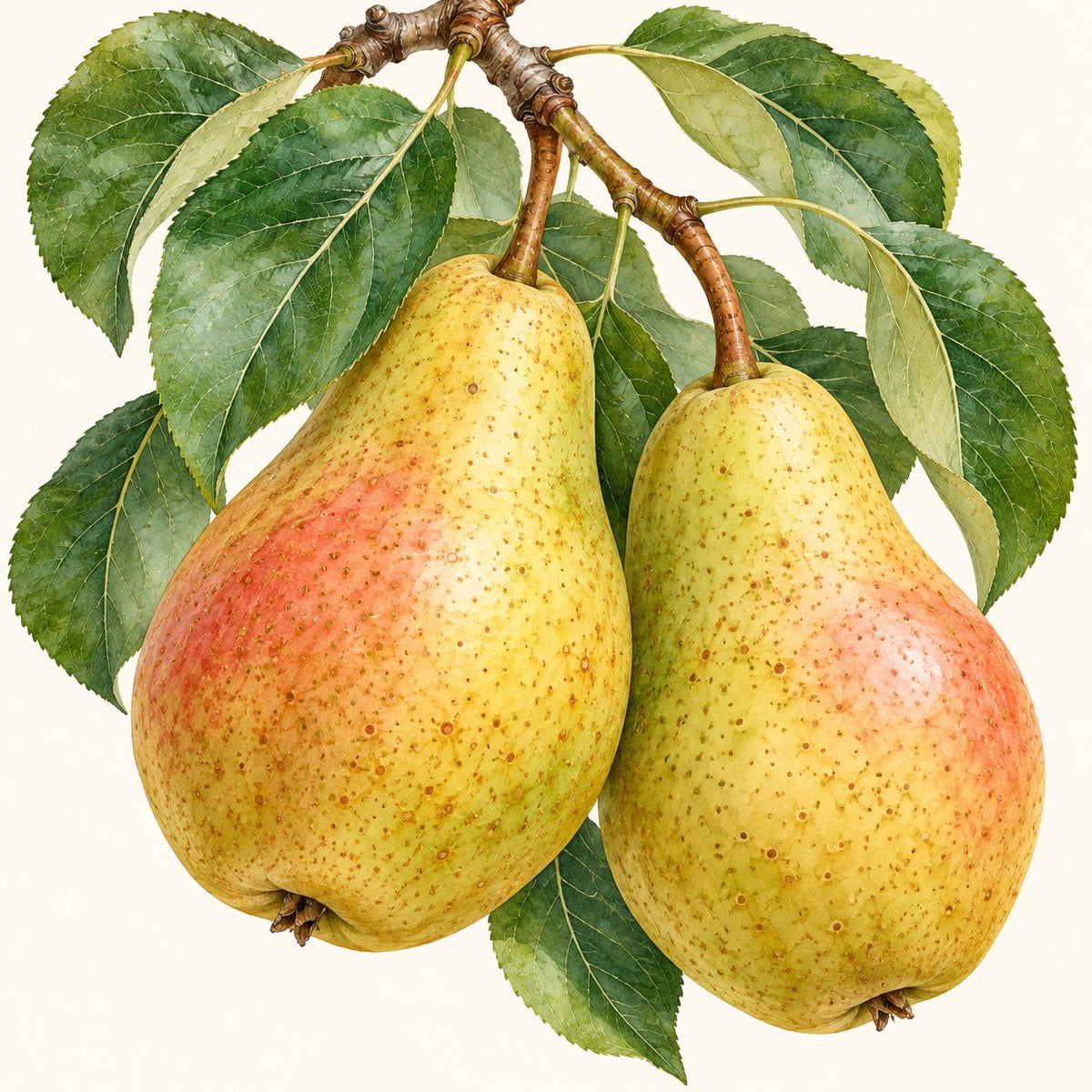 oblong pear botanical illustration; representative fruit type, not verified cultivar imagery.