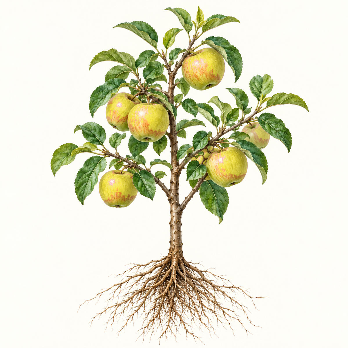 Representative botanical illustration inspired by dorsett golden apple coloring; not an exact cultivar photograph or the supplied tree.