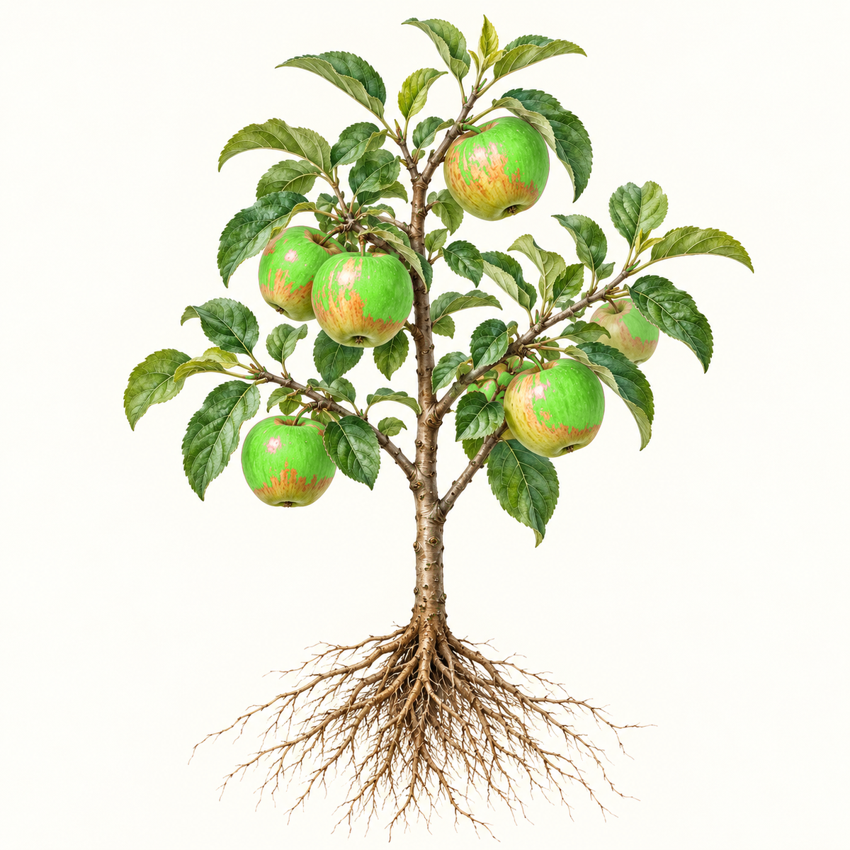 Representative botanical illustration inspired by granny smith apple coloring; not an exact cultivar photograph or the supplied tree.